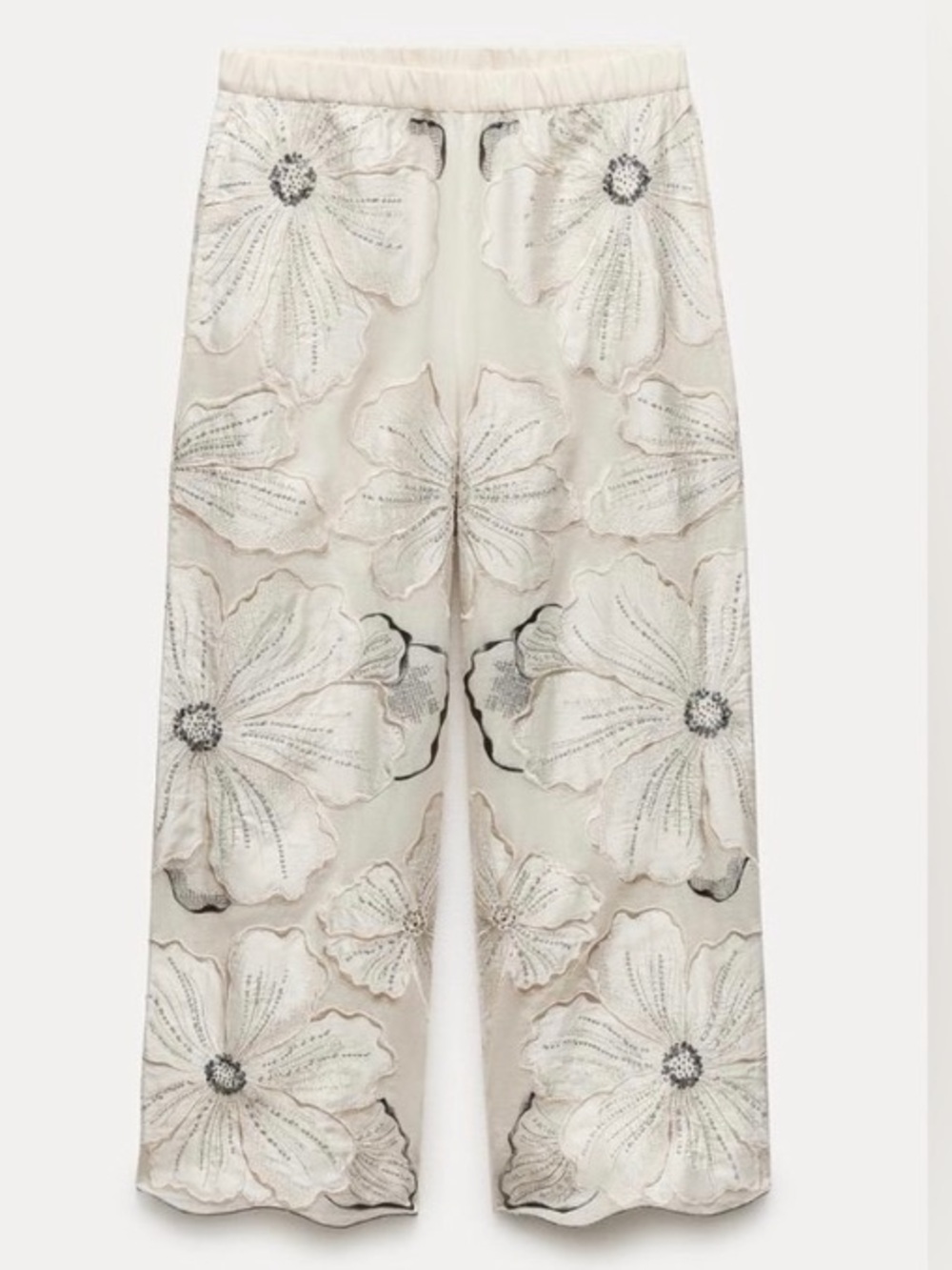 ZARA Cream Floral Embroidered Beaded Pants NWT